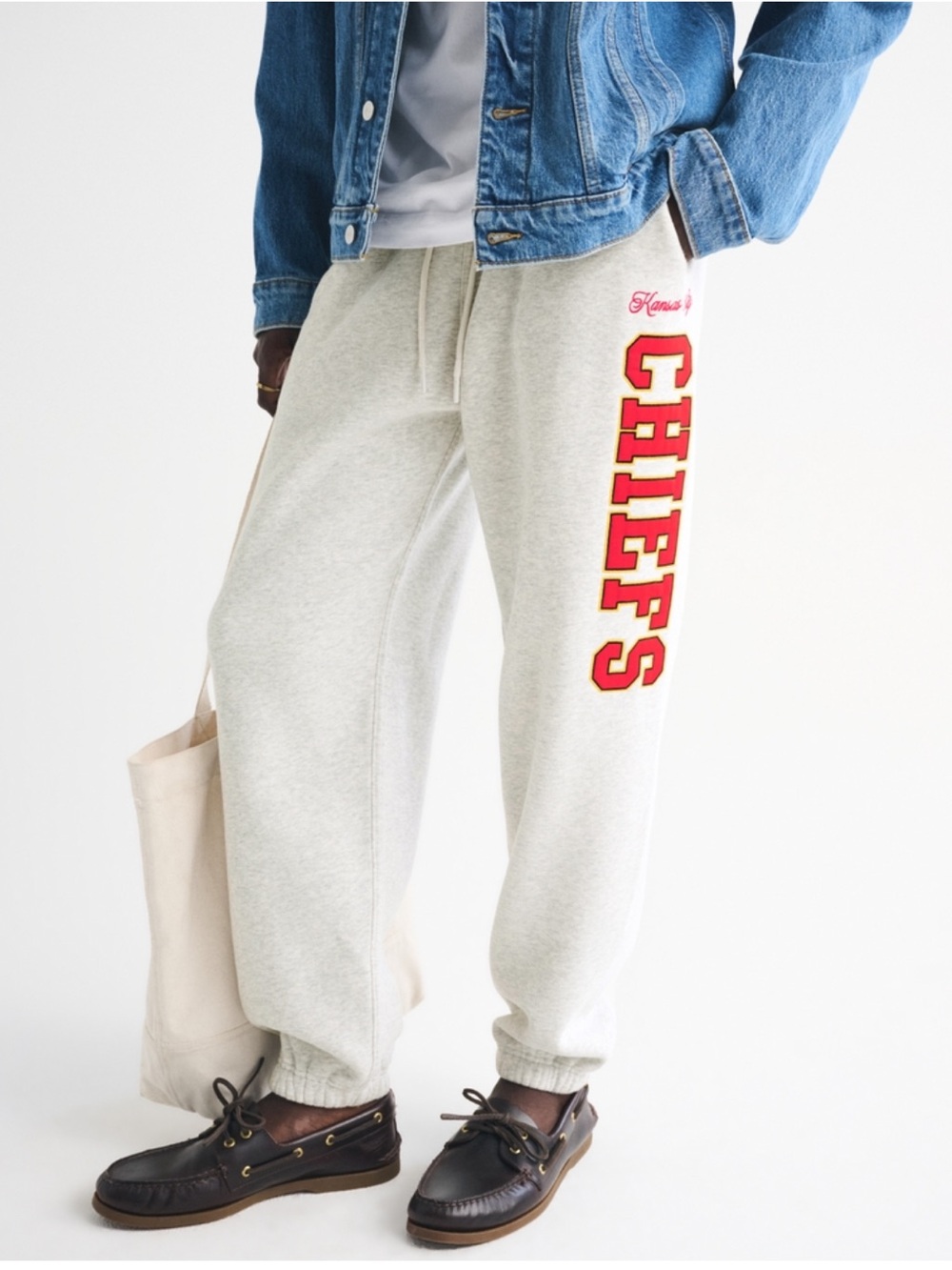 Abercrombie ' baggy Cream Sweatpants with Red 'CHIEFS' Side Graphic